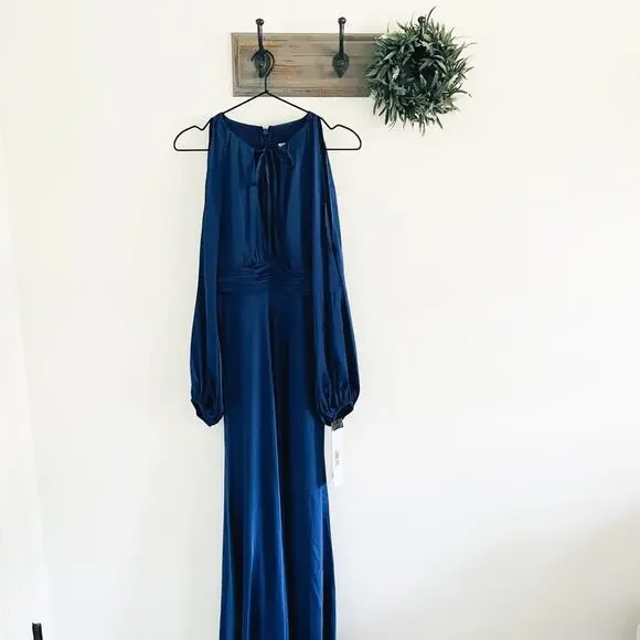 NWT Mac Duggal Blue Plunge Neck Long Sleeve Satin Sheath Gown 2 - Picture 2 of 8